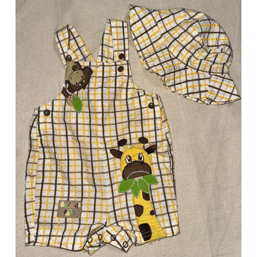 Vintage‎ Okie Dokie Safari Pals Overalls + Hat Giraffe Monkey 3-6 Months Outfit